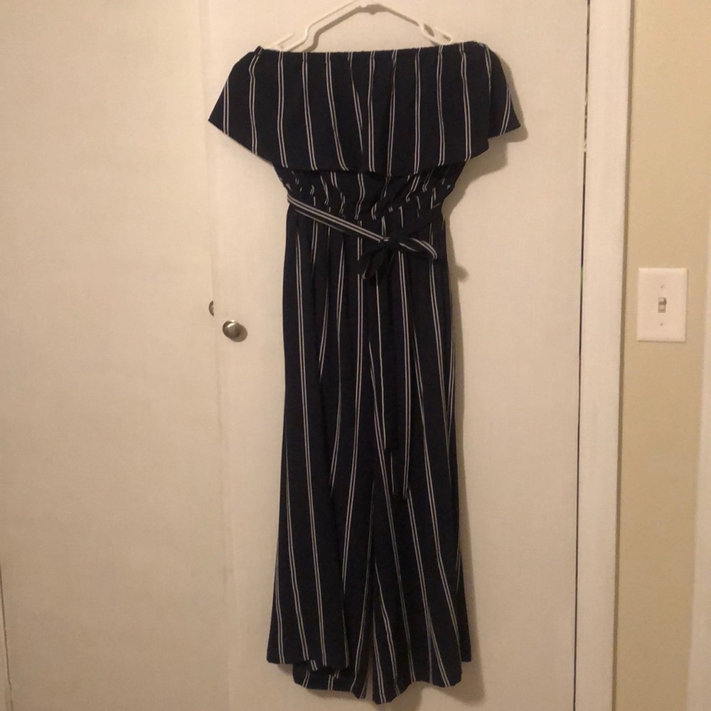 Sleeveless jumpsuit. Navy with white stripes NWOT